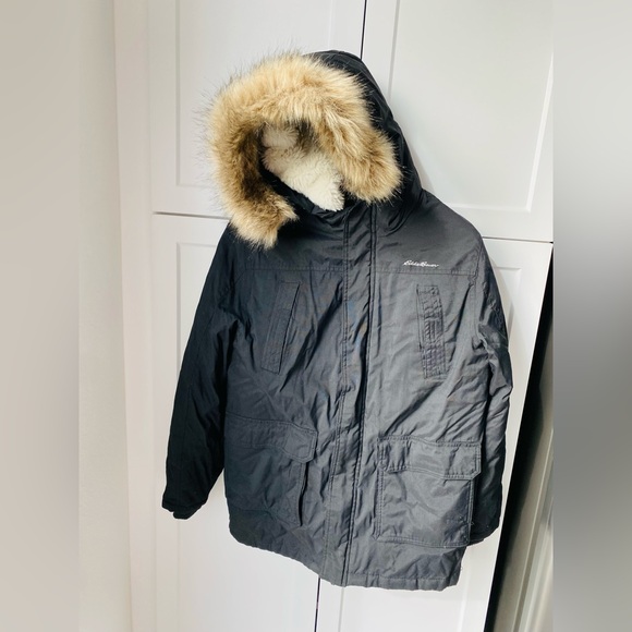 Eddie Bauer kids black heavyduty snow jacket hooded fur large 14/16 feather down